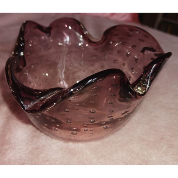 Vintage Controlled Bubbles Handblown Bullicante Bowl Ashtray Lilac Purple - Picture 7 of 11